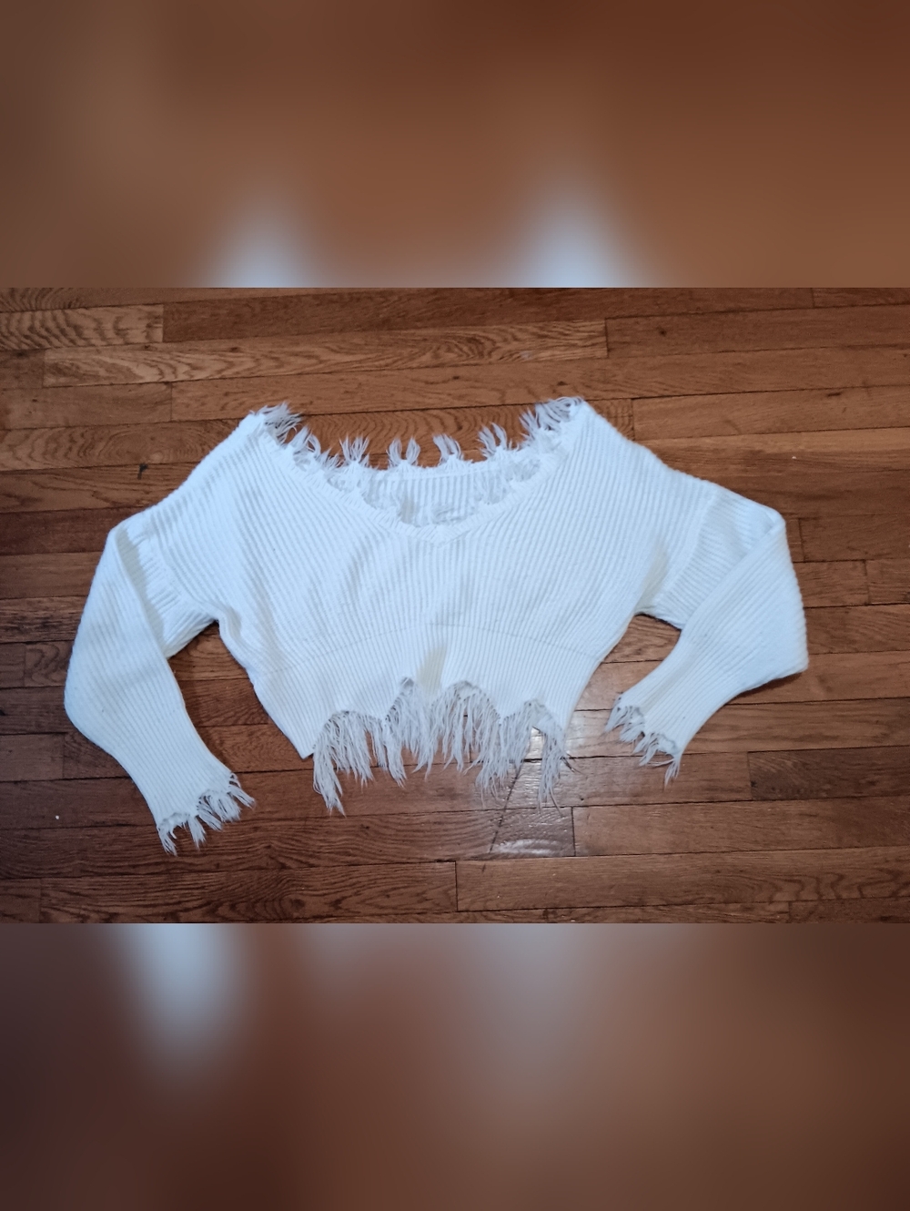 White SHEIN Distressed Cropped Knit Sweater